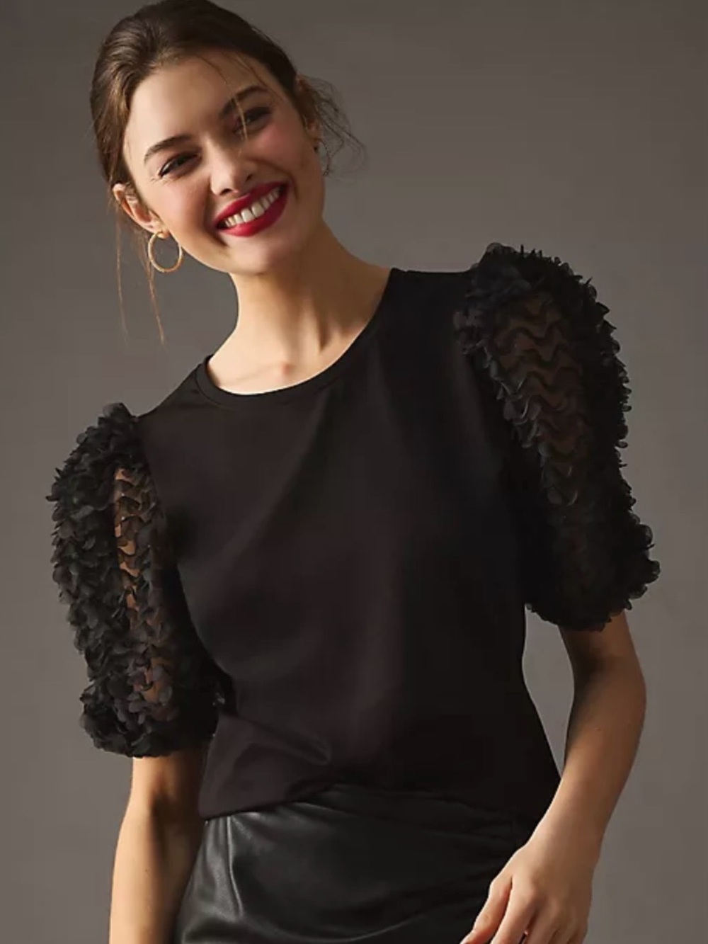 Anthropologie Flat White Black Puff Sheer Sleeve Women's Top